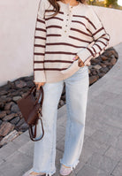 Sweet Espresso Stripe Ribbed Henley Slouchy Sweater-Sweater-Krush Kandy, Women's Online Fashion Boutique Located in Phoenix, Arizona (Scottsdale Area)