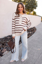 Sweet Espresso Stripe Ribbed Henley Slouchy Sweater-Sweater-Krush Kandy, Women's Online Fashion Boutique Located in Phoenix, Arizona (Scottsdale Area)
