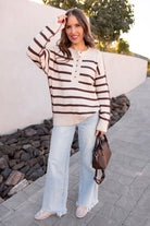 Sweet Espresso Stripe Ribbed Henley Slouchy Sweater-Sweater-Krush Kandy, Women's Online Fashion Boutique Located in Phoenix, Arizona (Scottsdale Area)