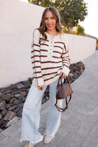 Sweet Espresso Stripe Ribbed Henley Slouchy Sweater-Sweater-Krush Kandy, Women's Online Fashion Boutique Located in Phoenix, Arizona (Scottsdale Area)