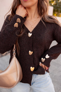 Heart Metal Button V Neck Cardigan Sweater