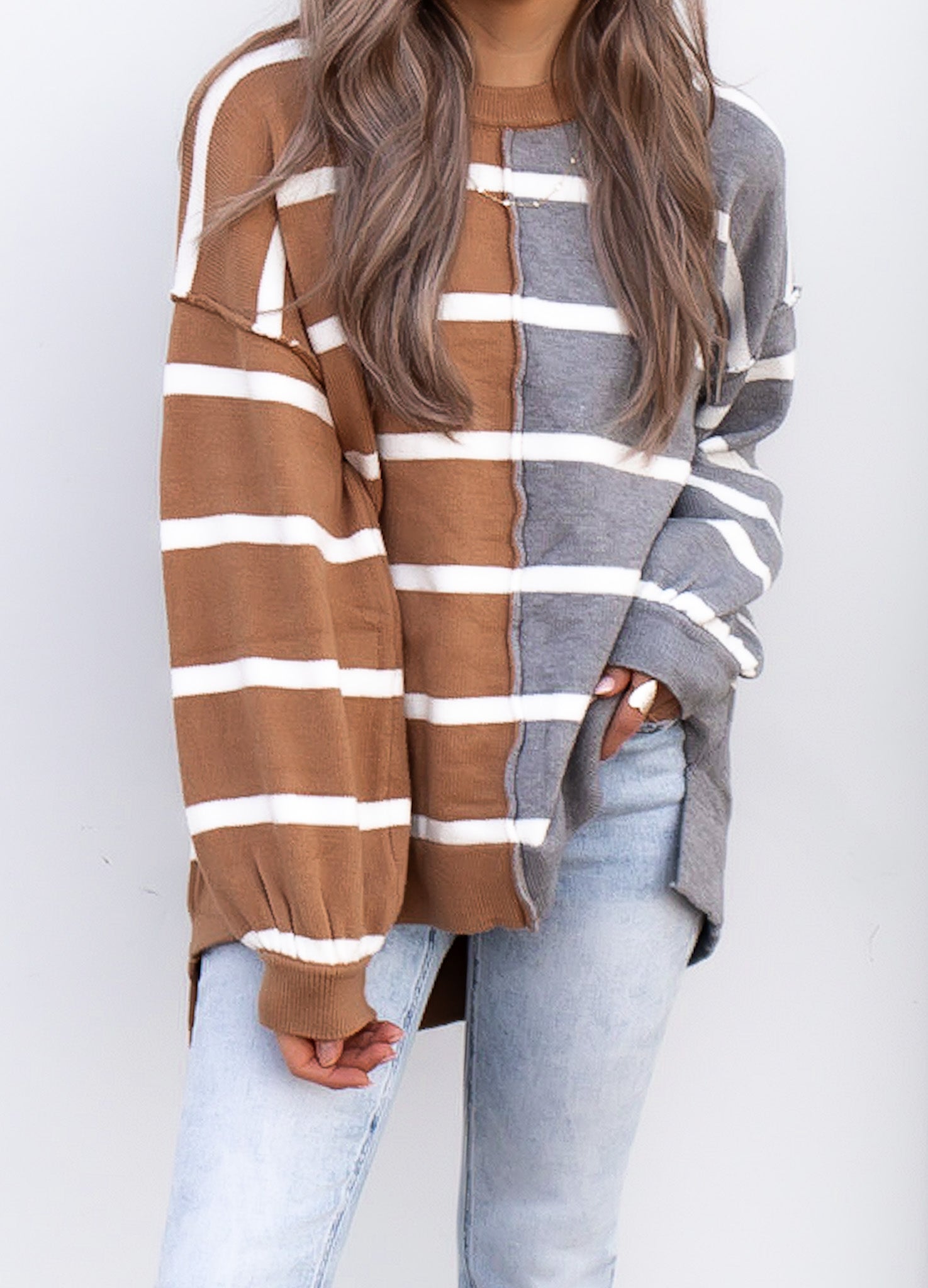 Luxe Half and Half Oversized Stripe Sweater-Sweaters-Krush Kandy, Women's Online Fashion Boutique Located in Phoenix, Arizona (Scottsdale Area)