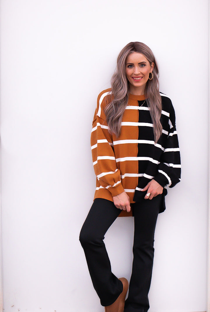 Luxe Half and Half Oversized Stripe Sweater | S-2X-Sweaters-Krush Kandy, Women's Online Fashion Boutique Located in Phoenix, Arizona (Scottsdale Area)