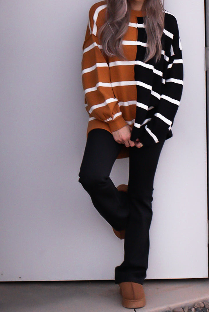 Luxe Half and Half Oversized Stripe Sweater | S-2X-Sweaters-Krush Kandy, Women's Online Fashion Boutique Located in Phoenix, Arizona (Scottsdale Area)