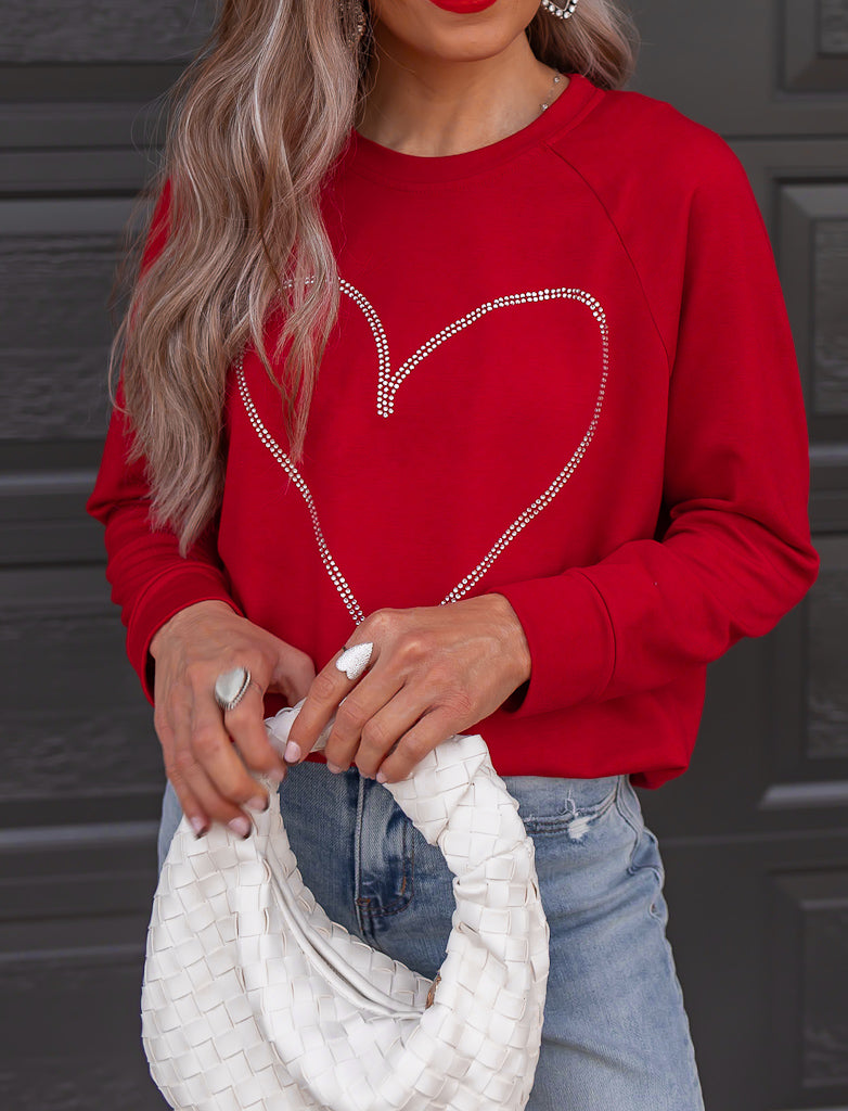 Radiant Love Red Rhinestone Heart Sweater Sparkle in Style