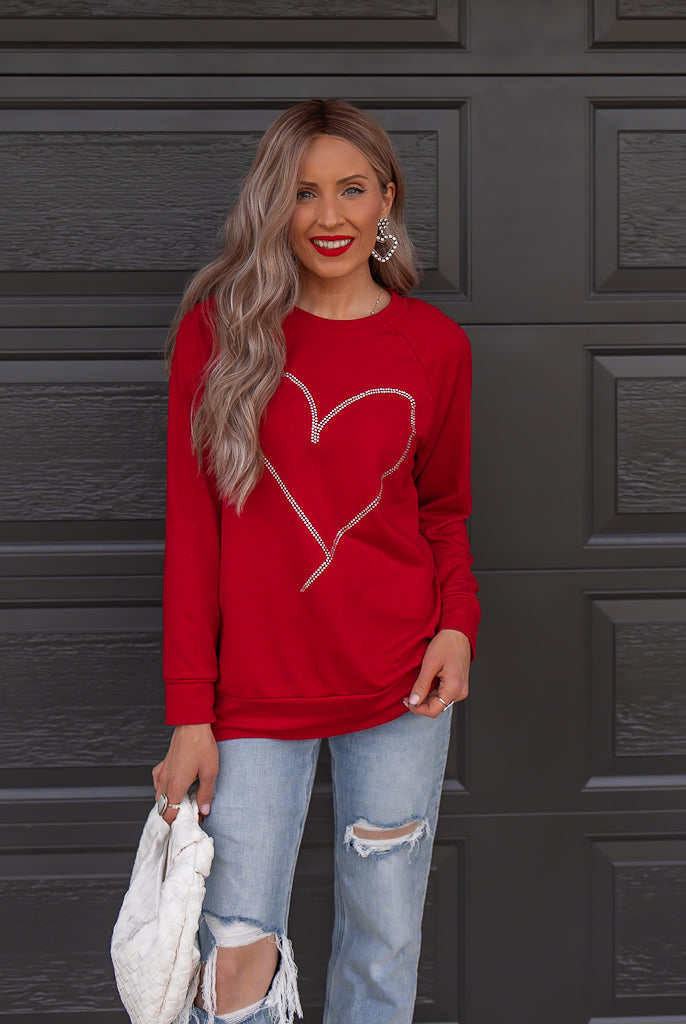 Radiant Love Red Rhinestone Heart Sweater - Sparkle in Style-Sweaters-Krush Kandy, Women's Online Fashion Boutique Located in Phoenix, Arizona (Scottsdale Area)