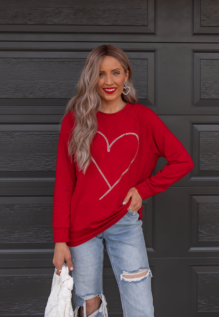 Radiant Love Red Rhinestone Heart Sweater Sparkle in Style