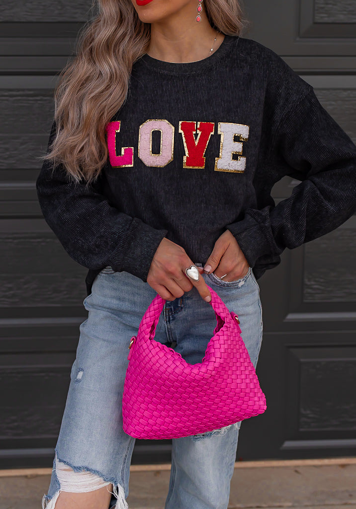 Varsity Letter LOVE Corded Sweater | S-2X-Sweaters-Krush Kandy, Women's Online Fashion Boutique Located in Phoenix, Arizona (Scottsdale Area)