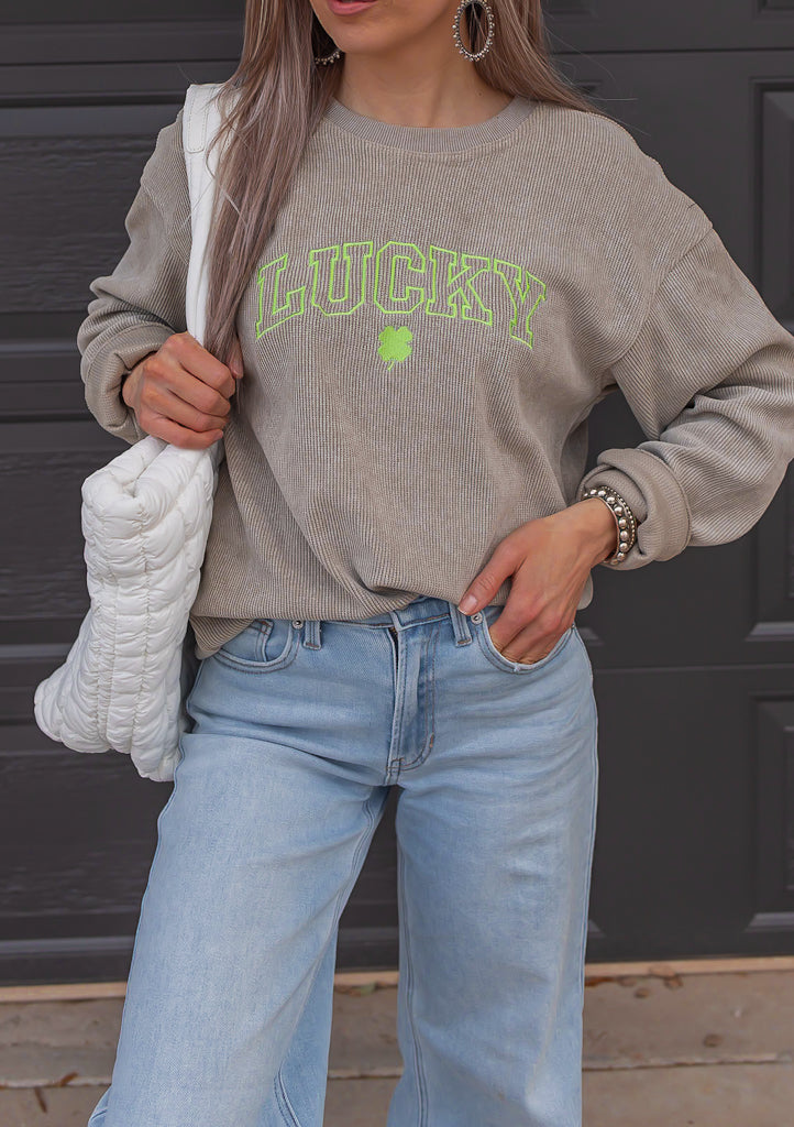 Lucky Embroidered Crew Neck Sweatshirt-Sweaters-Krush Kandy, Women's Online Fashion Boutique Located in Phoenix, Arizona (Scottsdale Area)