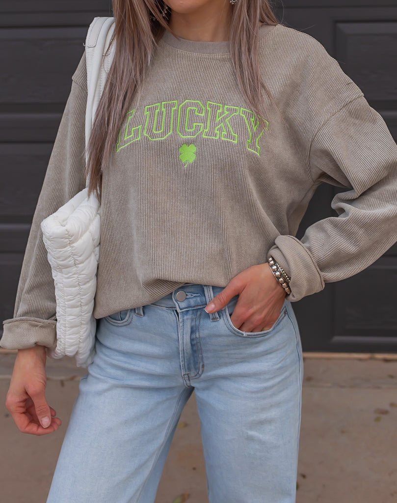 Lucky Embroidered Crew Neck Sweatshirt-Sweaters-Krush Kandy, Women's Online Fashion Boutique Located in Phoenix, Arizona (Scottsdale Area)