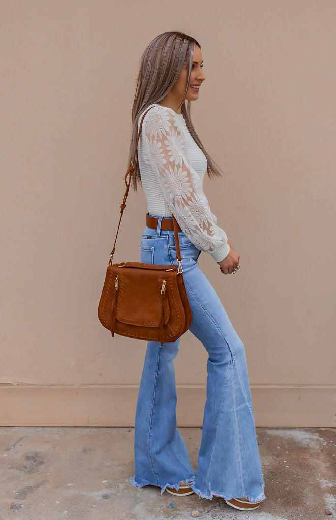 Relax Sunflower Waffle Knit Top with Mesh Sleeves S-XL