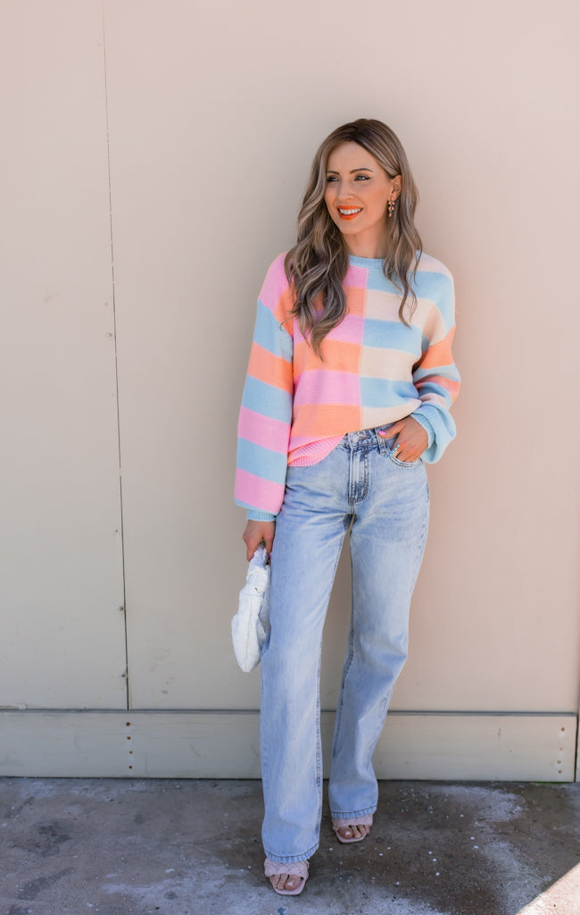 Joyful Striped Color Block Spring Sweater | S-XL-Sweaters-Krush Kandy, Women's Online Fashion Boutique Located in Phoenix, Arizona (Scottsdale Area)