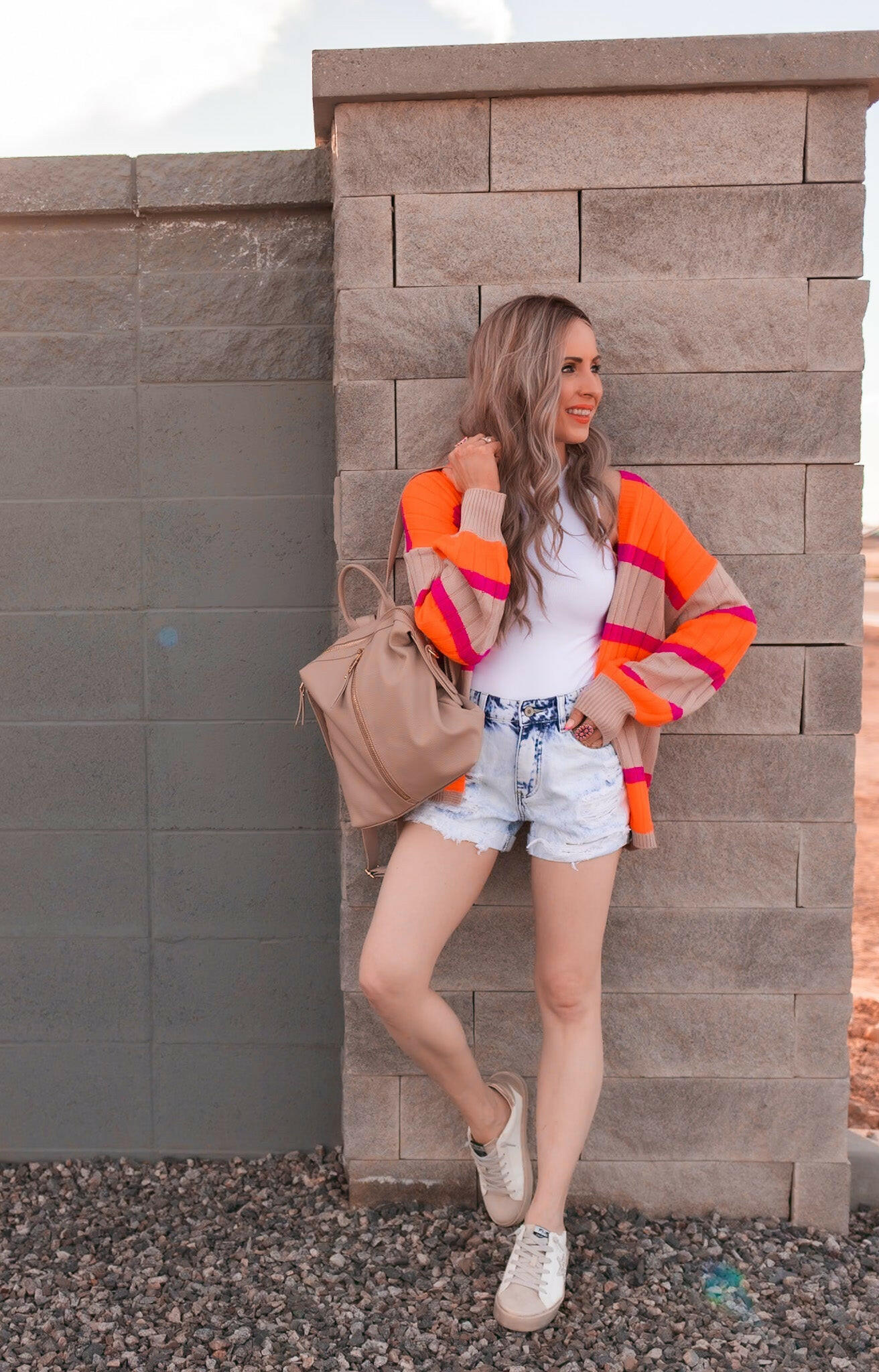Neon Orange & Pink Striped Colorblock Slouchy Cardigan | S-2X-Cardigans-Krush Kandy, Women's Online Fashion Boutique Located in Phoenix, Arizona (Scottsdale Area)