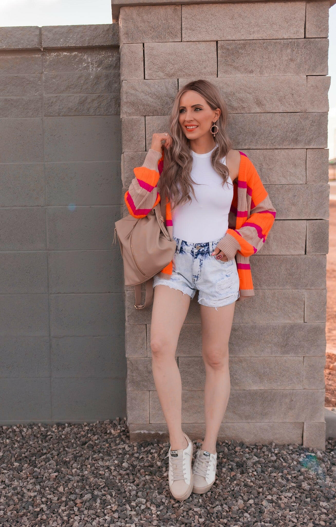 Neon Orange & Pink Striped Colorblock Slouchy Cardigan | S-2X-Cardigans-Krush Kandy, Women's Online Fashion Boutique Located in Phoenix, Arizona (Scottsdale Area)