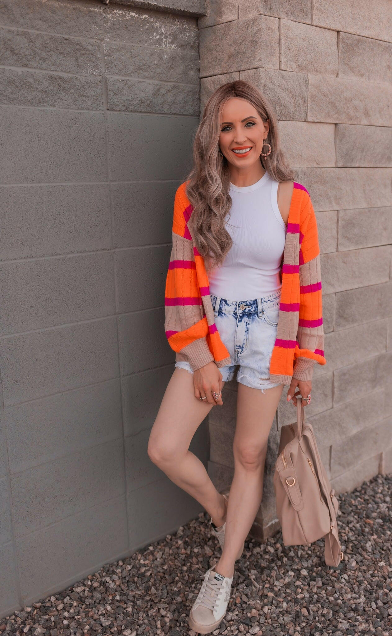 Neon Orange & Pink Striped Colorblock Slouchy Cardigan | S-2X-Cardigans-Krush Kandy, Women's Online Fashion Boutique Located in Phoenix, Arizona (Scottsdale Area)