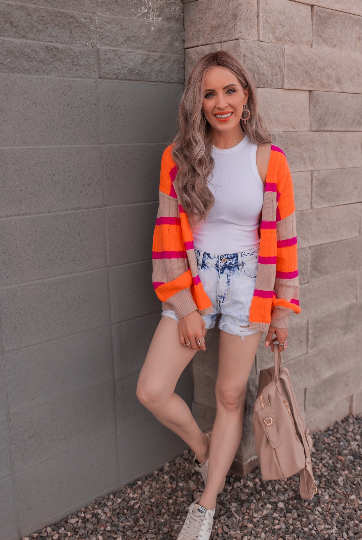 Neon Orange & Pink Striped Colorblock Slouchy Cardigan | S-2X-Cardigans-Krush Kandy, Women's Online Fashion Boutique Located in Phoenix, Arizona (Scottsdale Area)