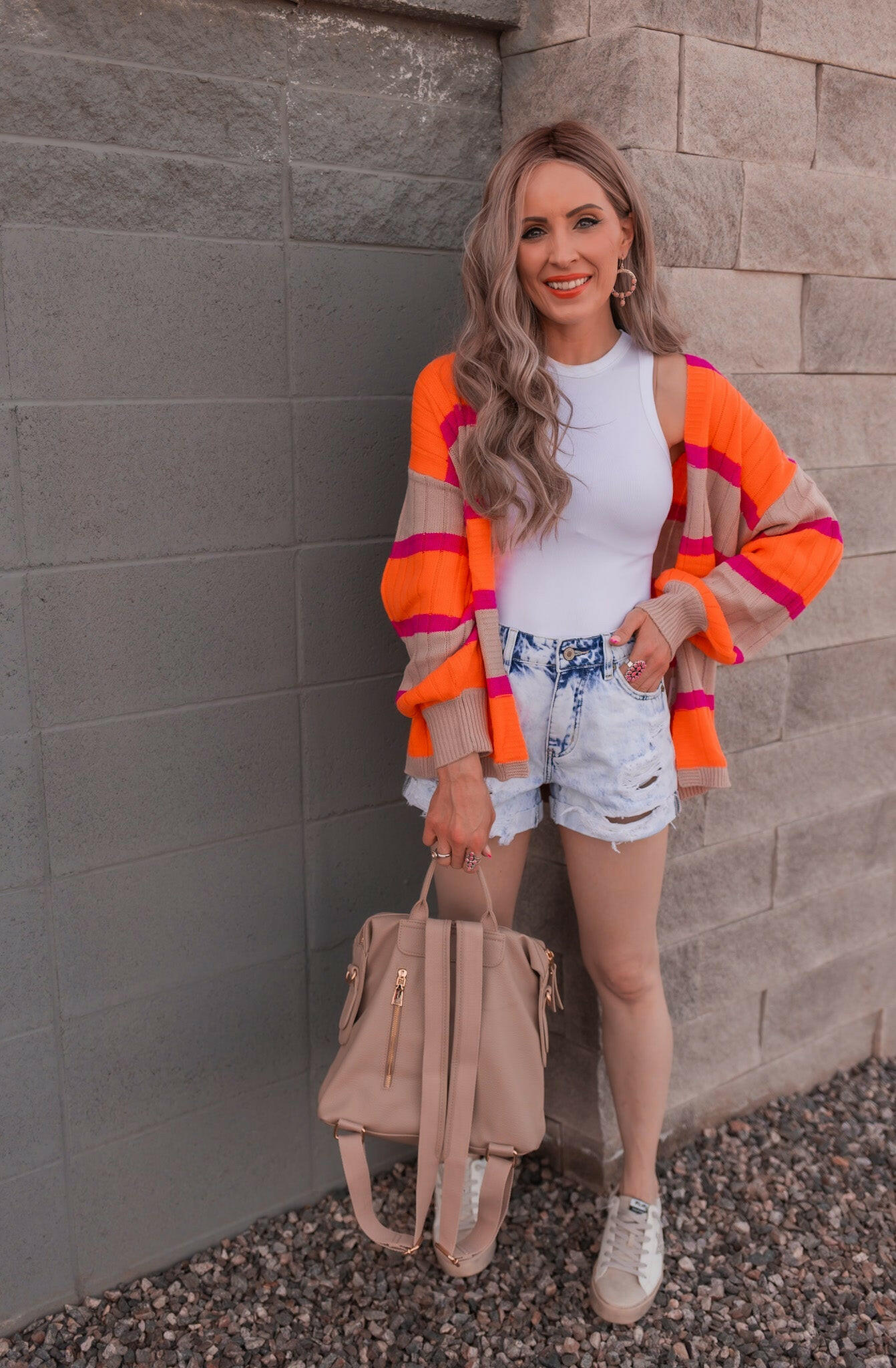 Neon Orange & Pink Striped Colorblock Slouchy Cardigan | S-2X-Cardigans-Krush Kandy, Women's Online Fashion Boutique Located in Phoenix, Arizona (Scottsdale Area)