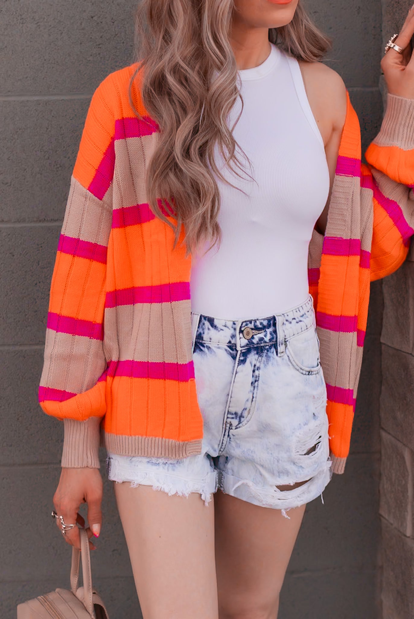 Neon Orange & Pink Striped Colorblock Slouchy Cardigan | S-2X-Cardigans-Krush Kandy, Women's Online Fashion Boutique Located in Phoenix, Arizona (Scottsdale Area)