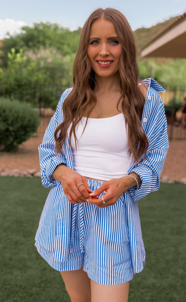Bon Voyage Striped Button Down Top & Shorts Set-2 Piece Outfit Sets-Krush Kandy, Women's Online Fashion Boutique Located in Phoenix, Arizona (Scottsdale Area)