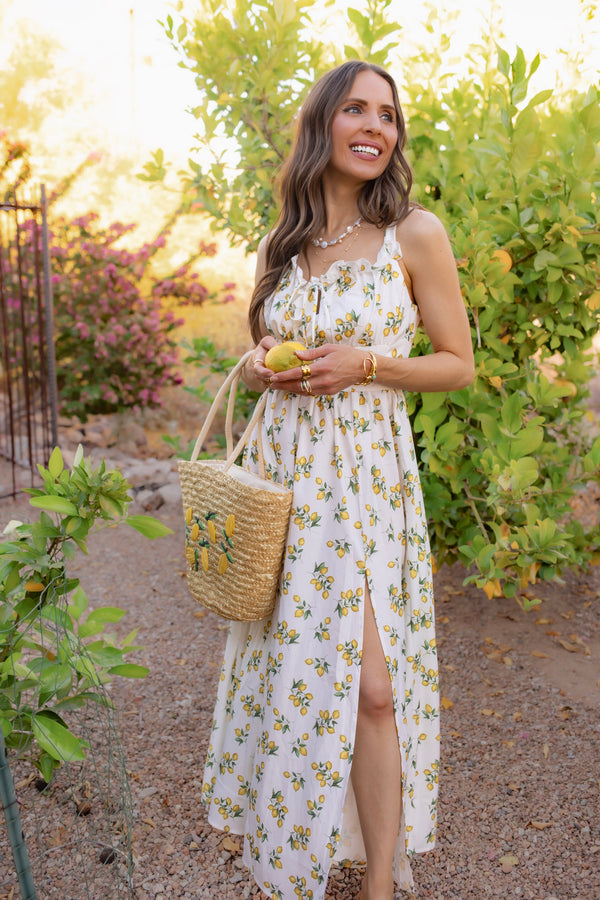 Sunlit Lemon Garden Flow Slit Maxi Dress