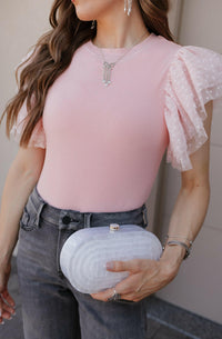 Dotty Mesh Ruffle Sleeve Ribbed Knit Top