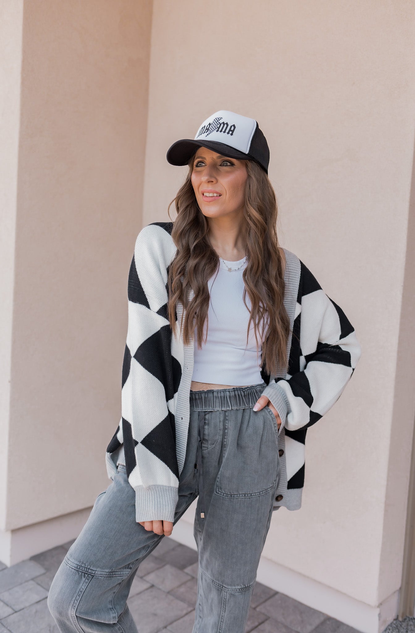 LUXE Diamond Checkered Oversized Cardigan-Sweaters-Krush Kandy, Women's Online Fashion Boutique Located in Phoenix, Arizona (Scottsdale Area)