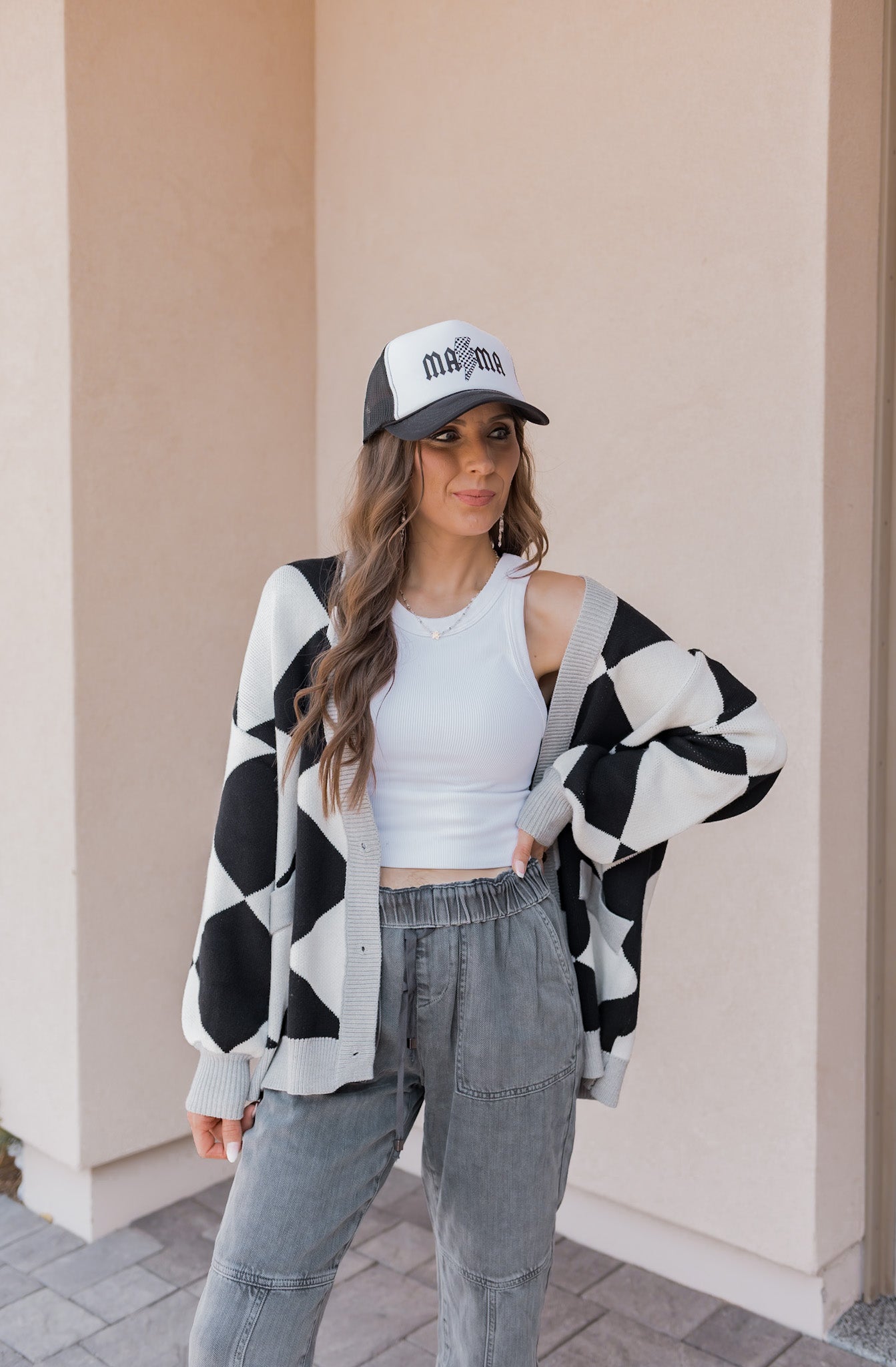 LUXE Diamond Checkered Oversized Cardigan-Sweaters-Krush Kandy, Women's Online Fashion Boutique Located in Phoenix, Arizona (Scottsdale Area)