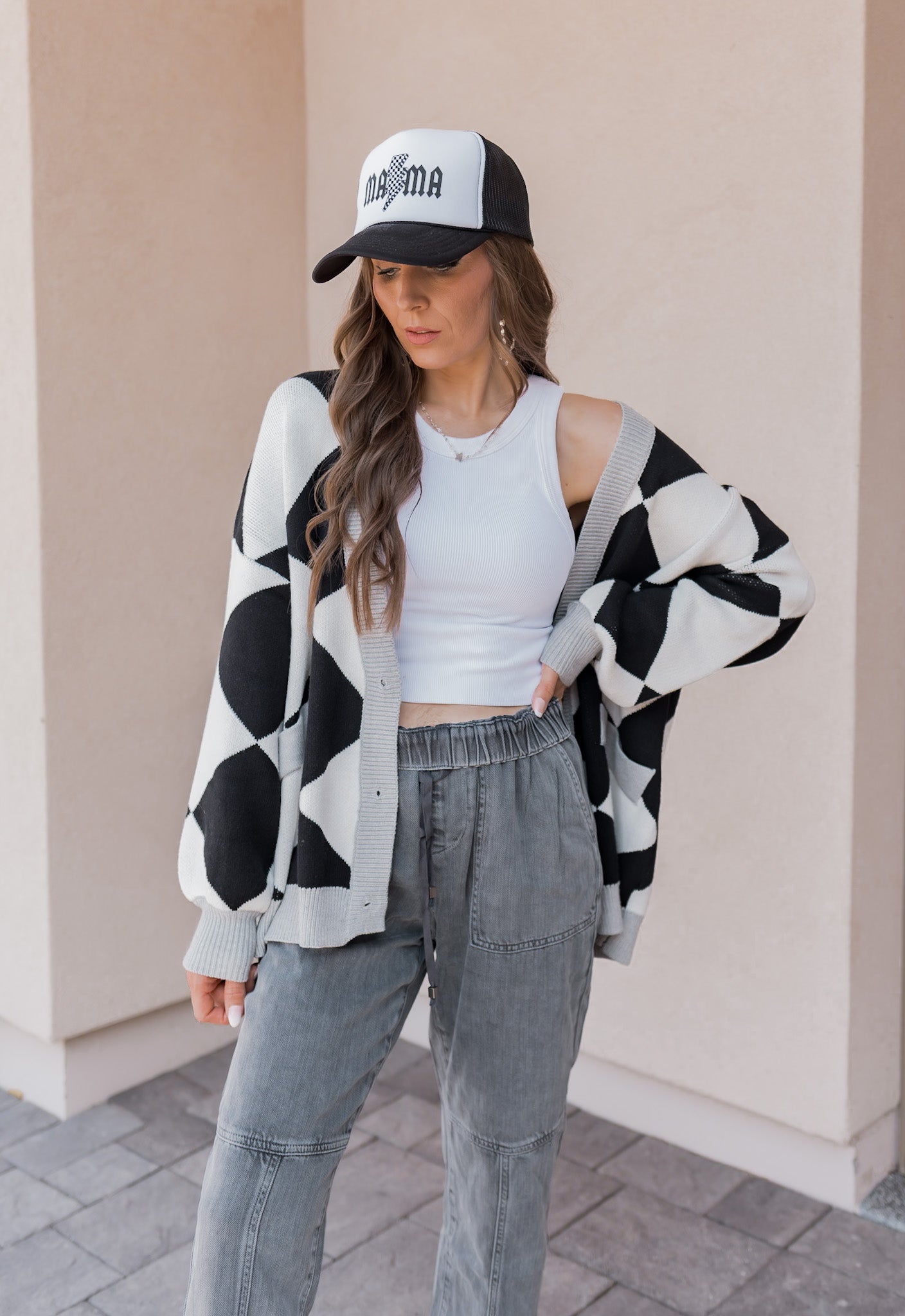 LUXE Diamond Checkered Oversized Cardigan-Sweaters-Krush Kandy, Women's Online Fashion Boutique Located in Phoenix, Arizona (Scottsdale Area)