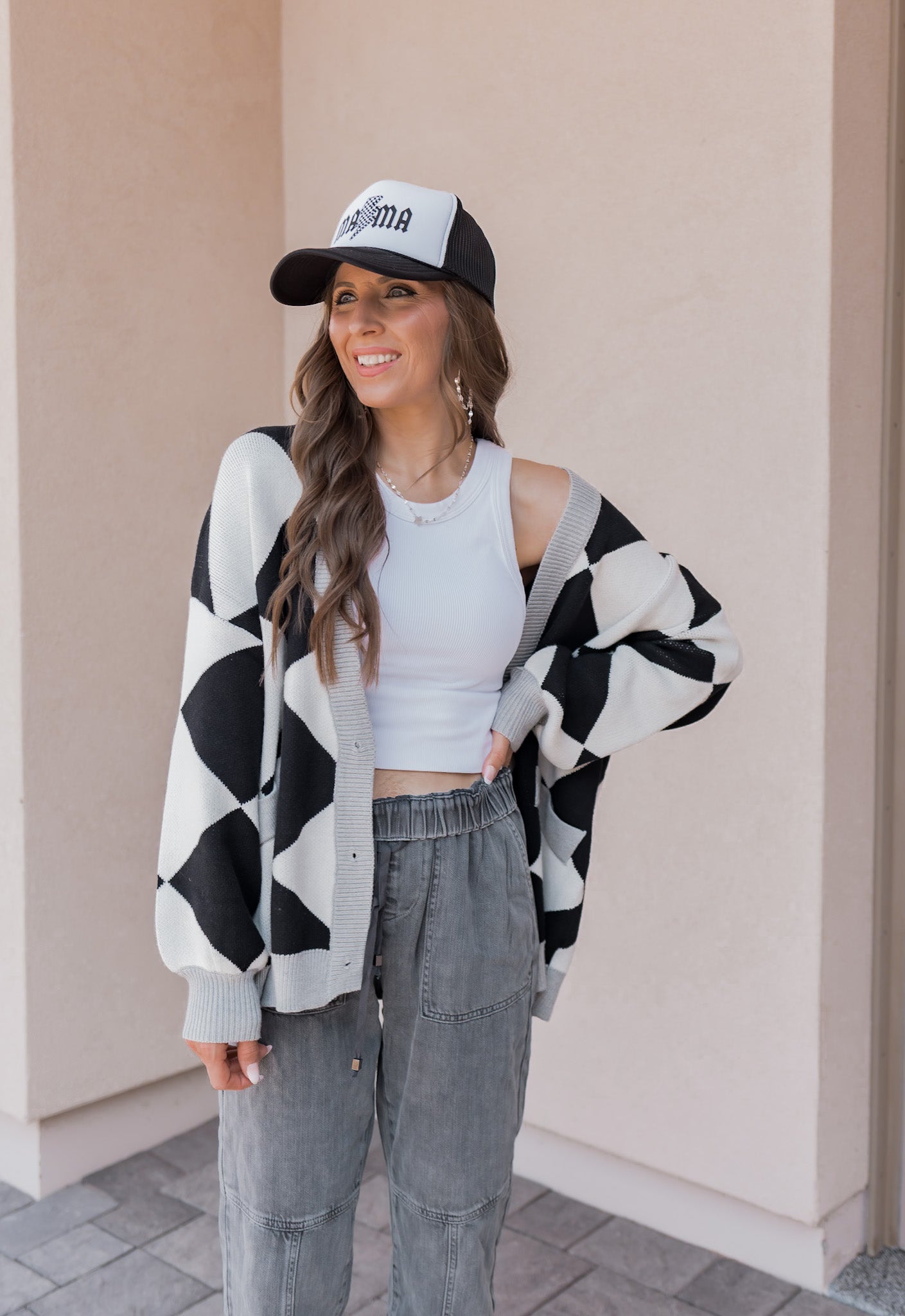 LUXE Diamond Checkered Oversized Cardigan-Sweaters-Krush Kandy, Women's Online Fashion Boutique Located in Phoenix, Arizona (Scottsdale Area)