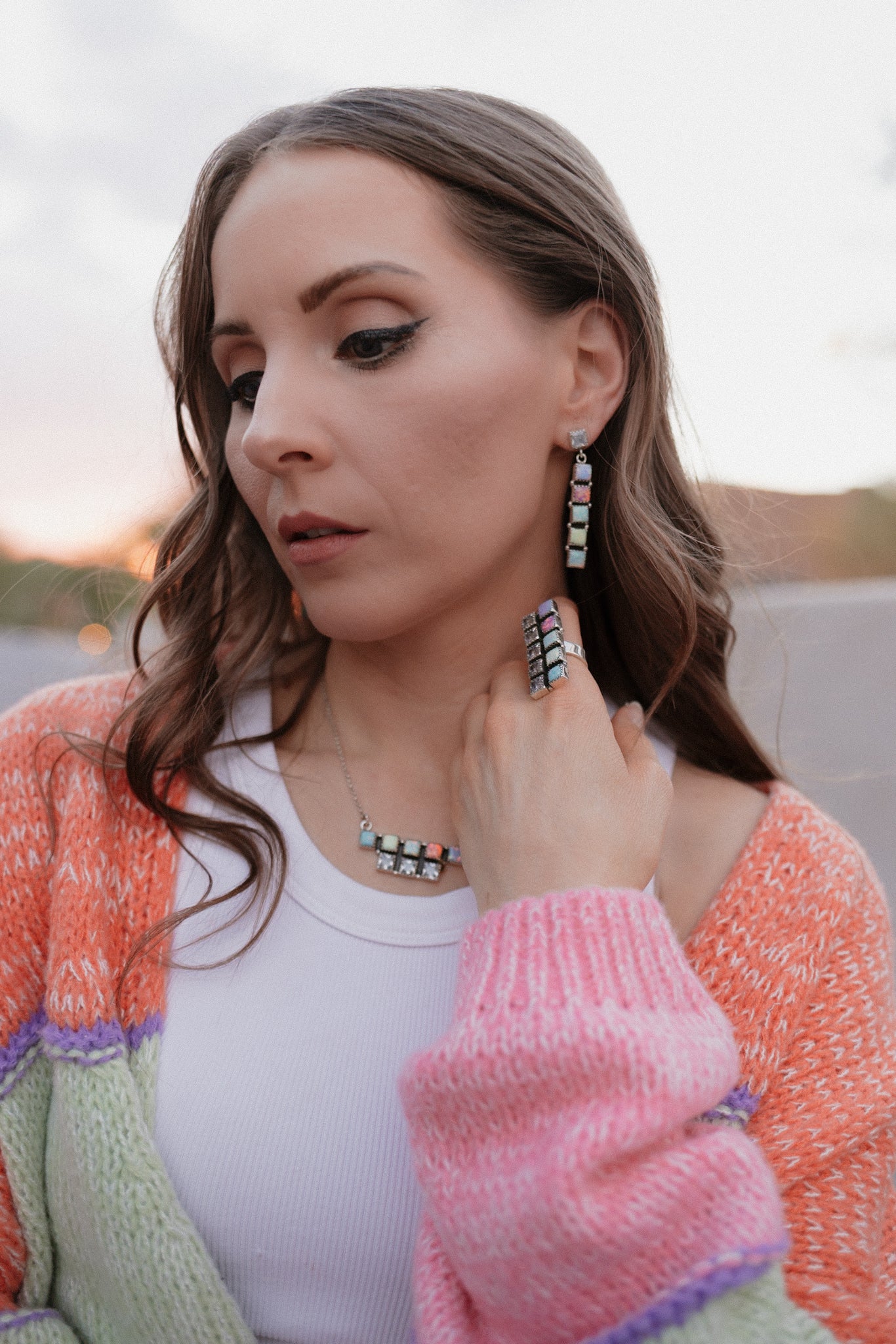 Multi Opal & Crystal Bar Set PREORDER-Chain Necklaces-Krush Kandy, Women's Online Fashion Boutique Located in Phoenix, Arizona (Scottsdale Area)