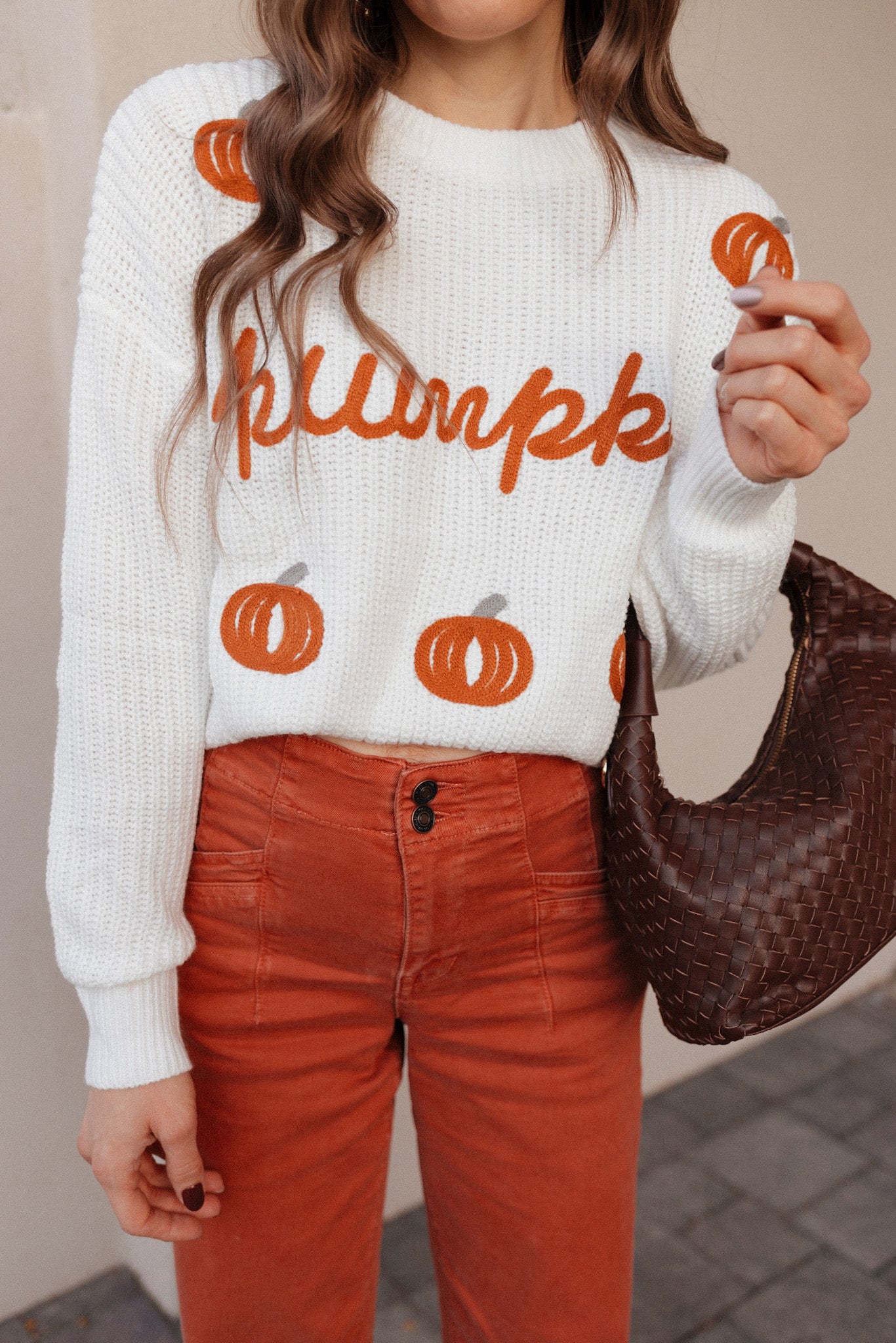 Pumpkin Embroidery Long Sleeve Sweater-Sweaters-Krush Kandy, Women's Online Fashion Boutique Located in Phoenix, Arizona (Scottsdale Area)