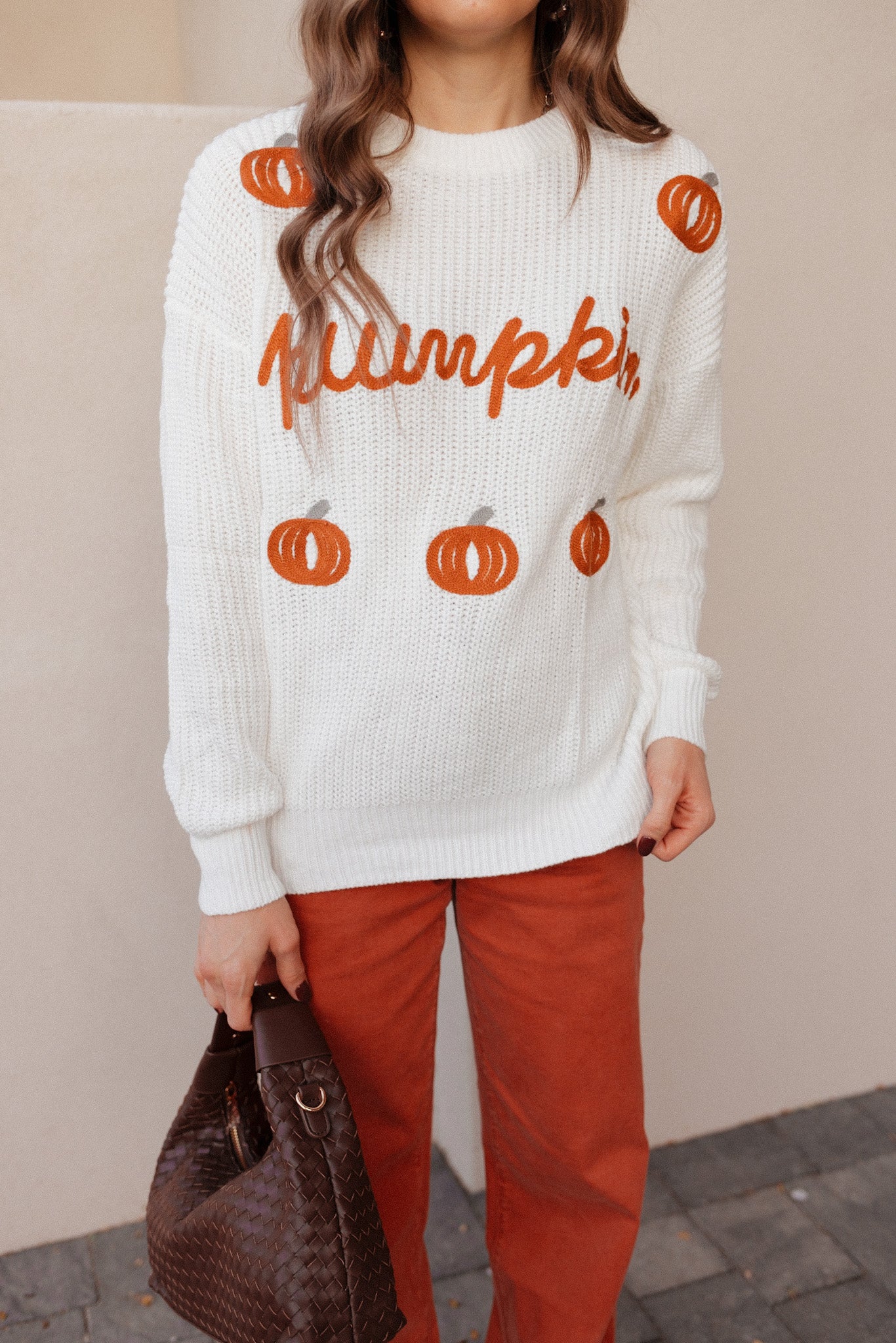 Pumpkin Embroidery Long Sleeve Sweater-Sweaters-Krush Kandy, Women's Online Fashion Boutique Located in Phoenix, Arizona (Scottsdale Area)