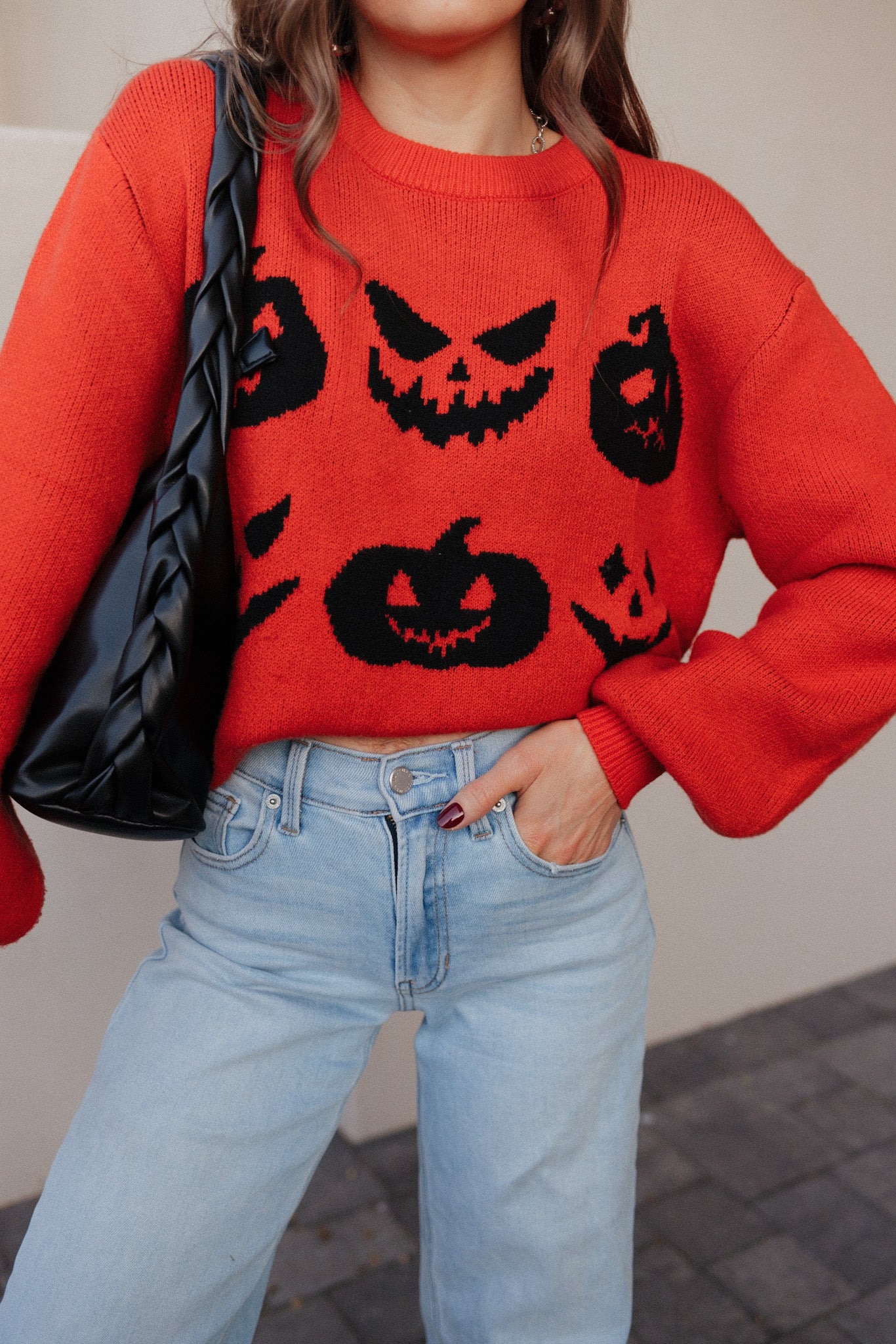 Pumpkin Pattern Round Neck Sweater-Sweaters-Krush Kandy, Women's Online Fashion Boutique Located in Phoenix, Arizona (Scottsdale Area)