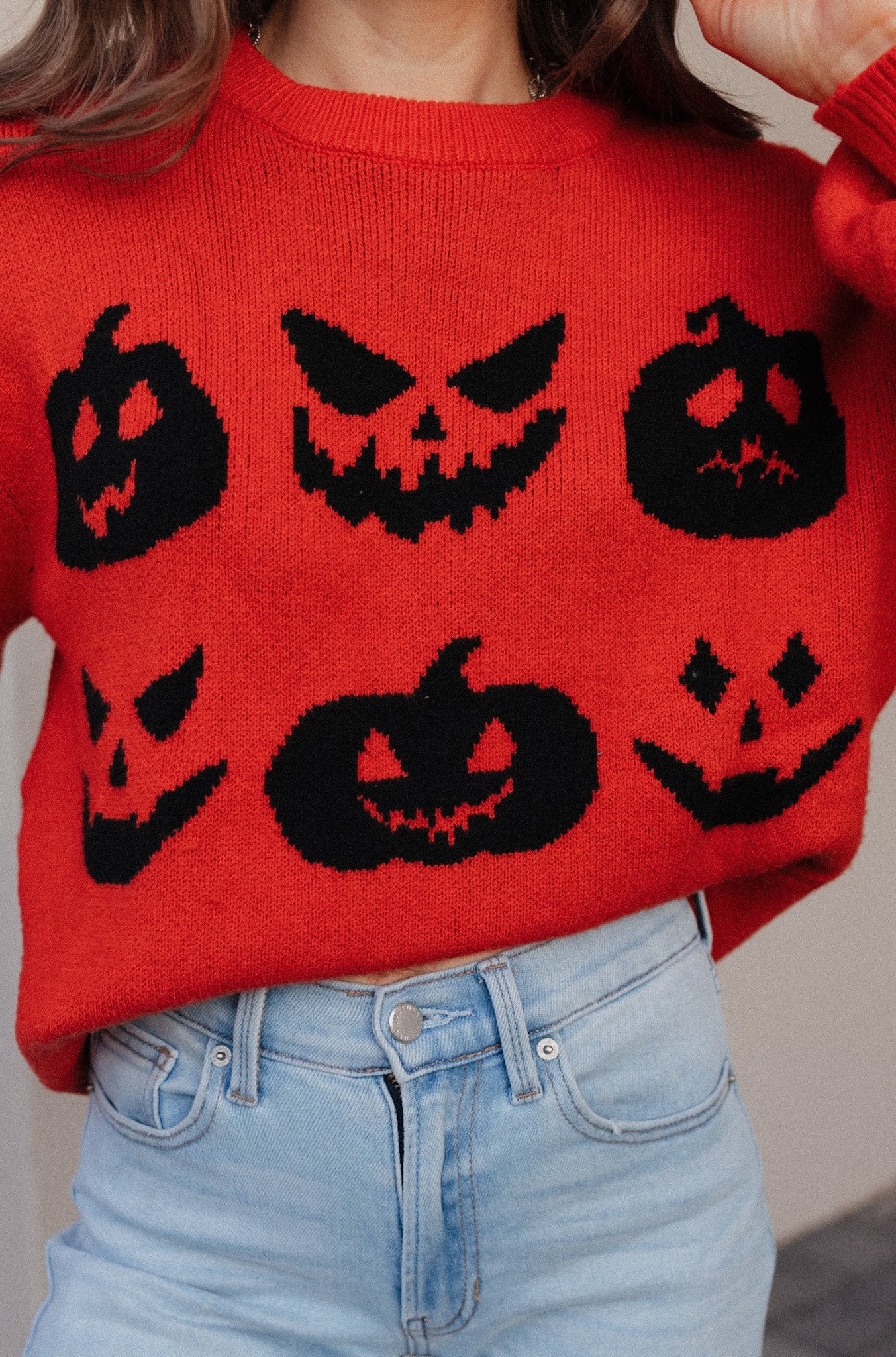 Pumpkin Pattern Round Neck Sweater-Sweaters-Krush Kandy, Women's Online Fashion Boutique Located in Phoenix, Arizona (Scottsdale Area)