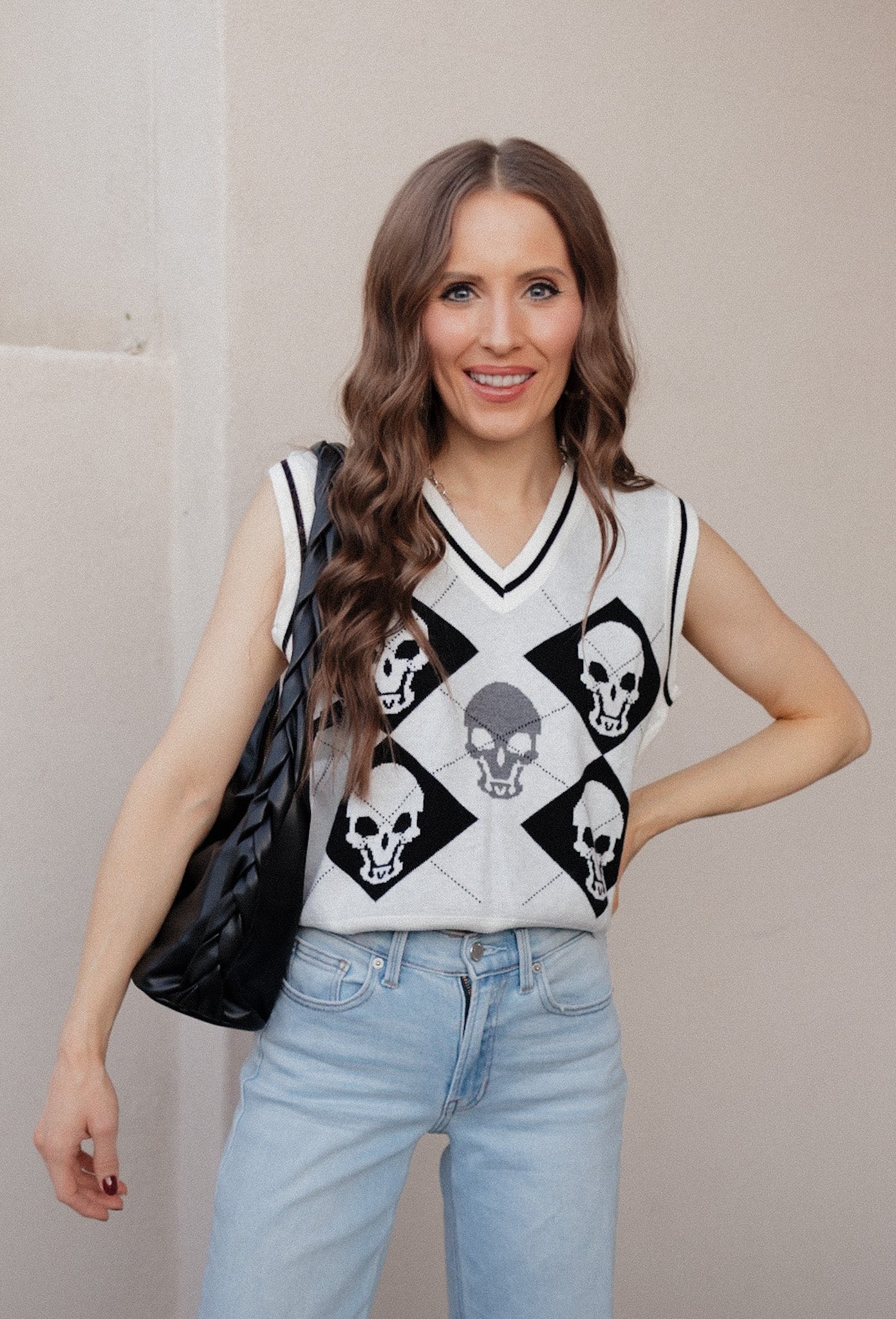 Skull Contrast V-Neck Sweater Vest-Tops-Krush Kandy, Women's Online Fashion Boutique Located in Phoenix, Arizona (Scottsdale Area)