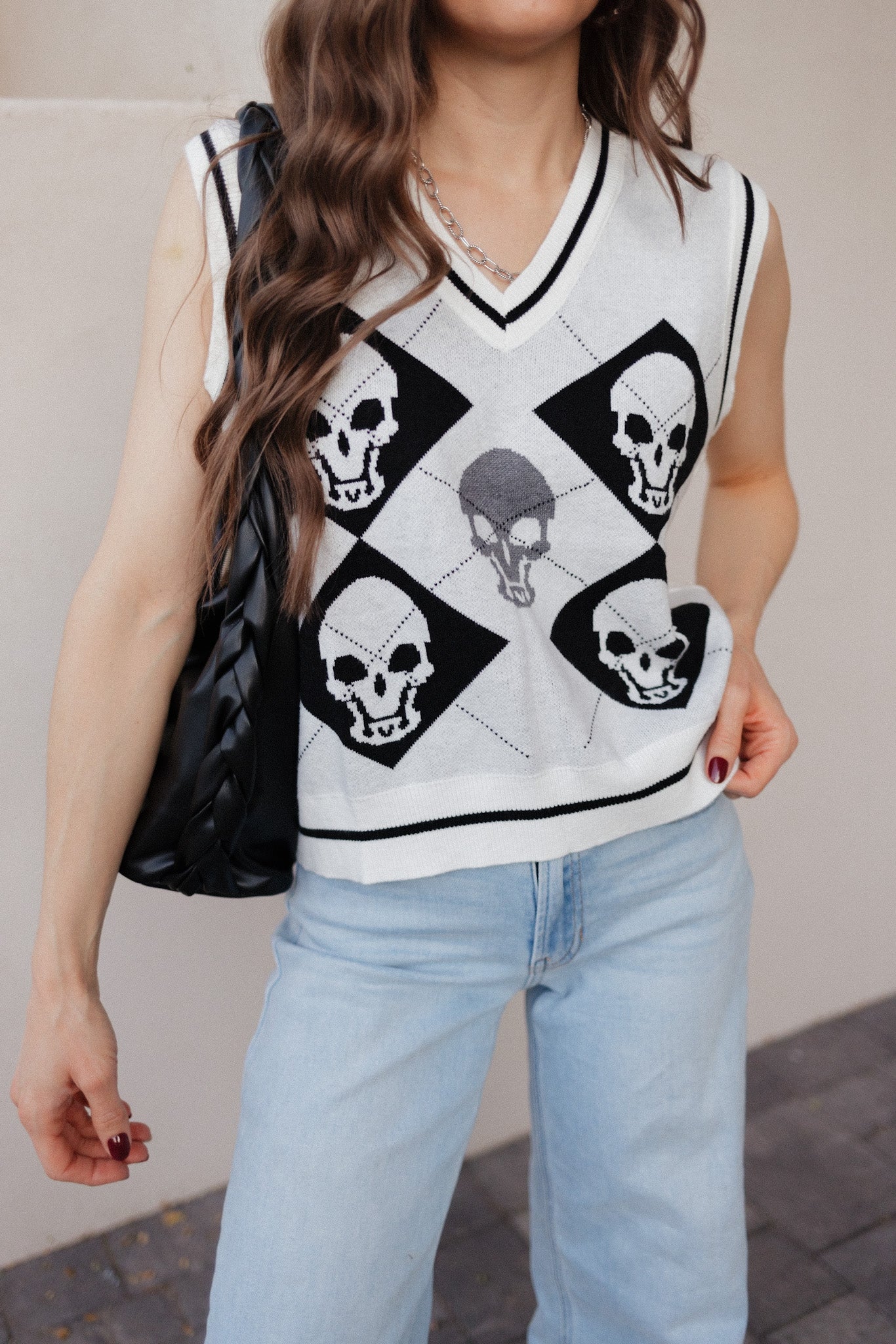 Skull Contrast V-Neck Sweater Vest-Tops-Krush Kandy, Women's Online Fashion Boutique Located in Phoenix, Arizona (Scottsdale Area)