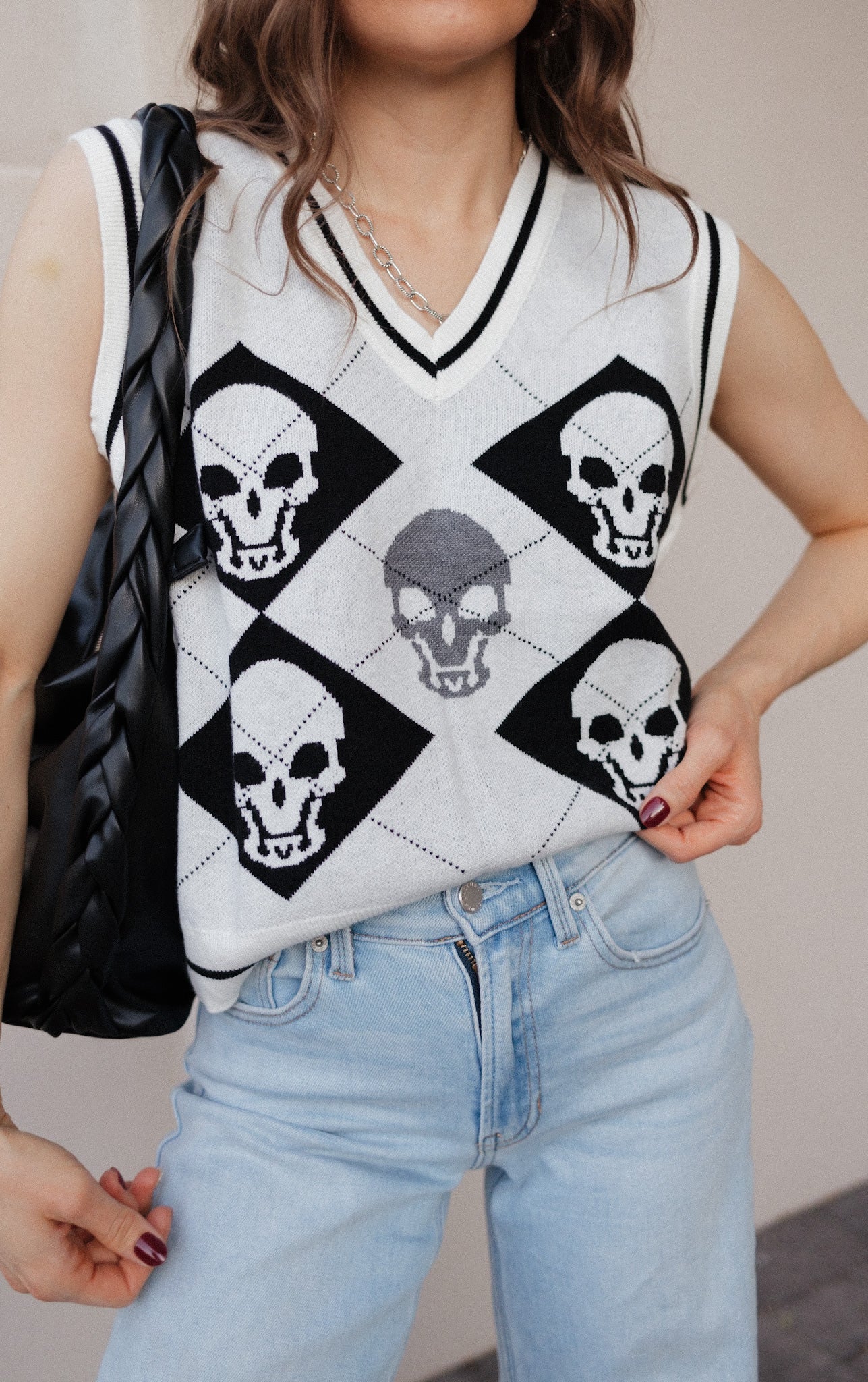 Skull Contrast V-Neck Sweater Vest-Tops-Krush Kandy, Women's Online Fashion Boutique Located in Phoenix, Arizona (Scottsdale Area)