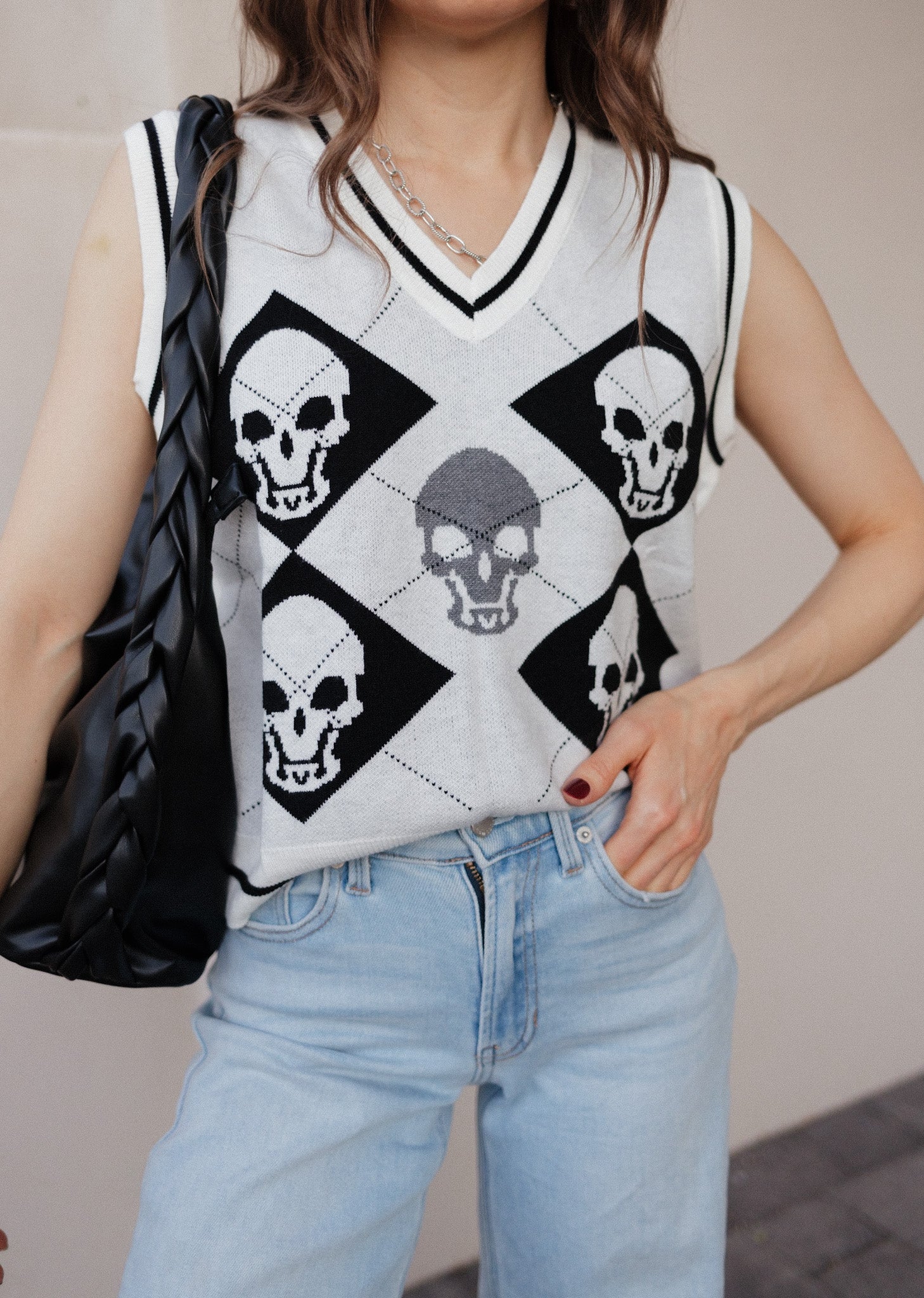 Skull Contrast V-Neck Sweater Vest-Tops-Krush Kandy, Women's Online Fashion Boutique Located in Phoenix, Arizona (Scottsdale Area)