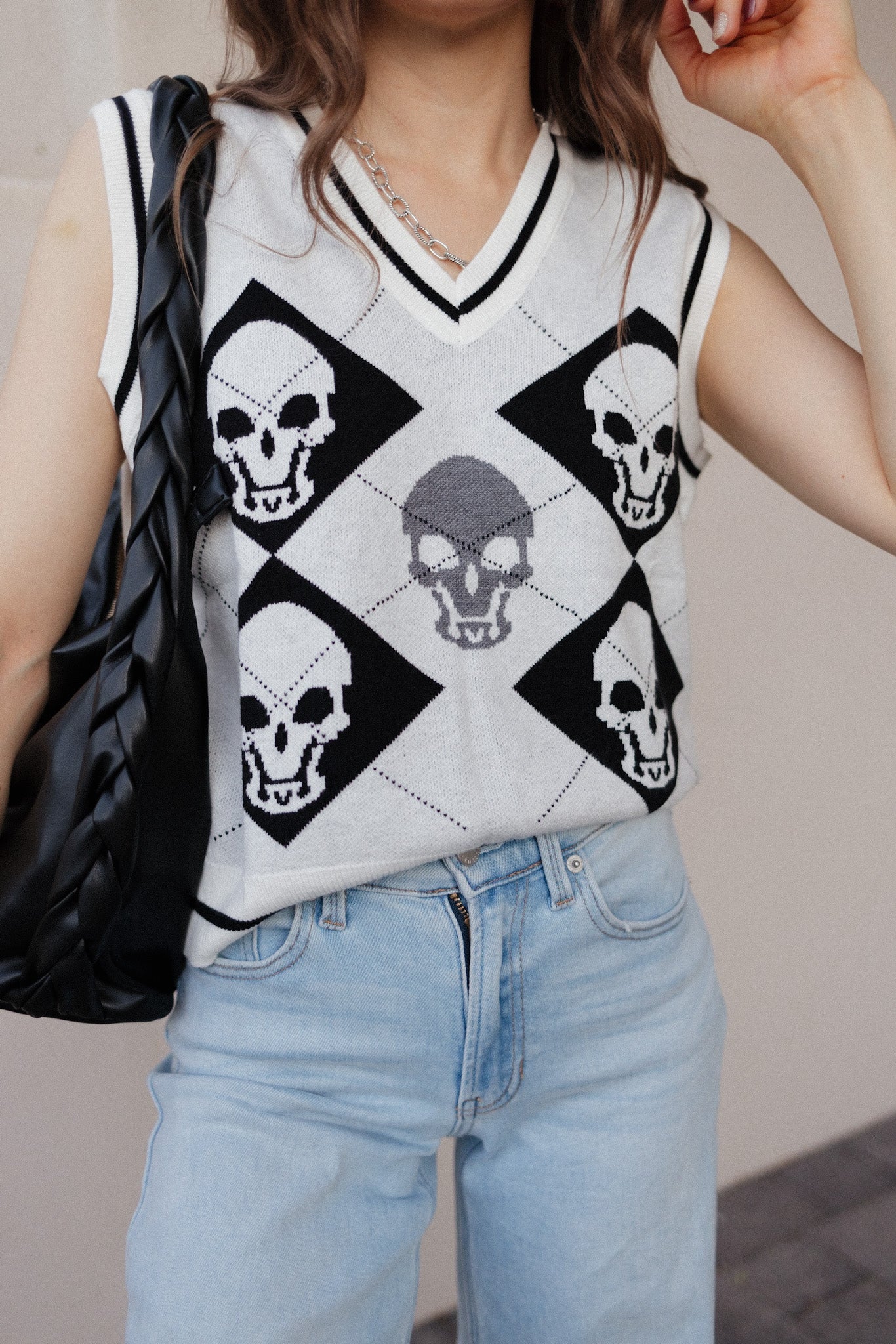 Skull Contrast V-Neck Sweater Vest-Tops-Krush Kandy, Women's Online Fashion Boutique Located in Phoenix, Arizona (Scottsdale Area)