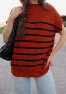 Between the Lines Striped Mock Neck Short Sleeve Sweater-Tops-Krush Kandy, Women's Online Fashion Boutique Located in Phoenix, Arizona (Scottsdale Area)