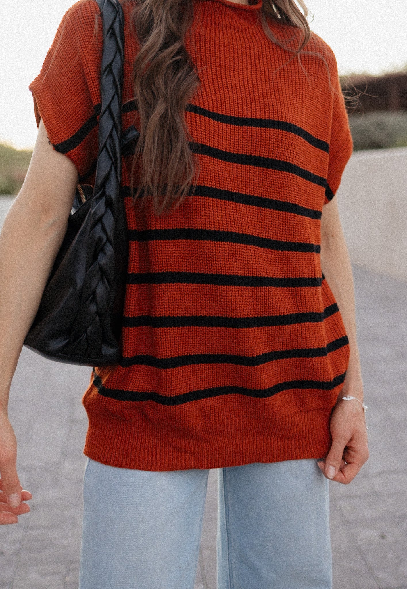 Between the Lines Striped Mock Neck Short Sleeve Sweater-Tops-Krush Kandy, Women's Online Fashion Boutique Located in Phoenix, Arizona (Scottsdale Area)