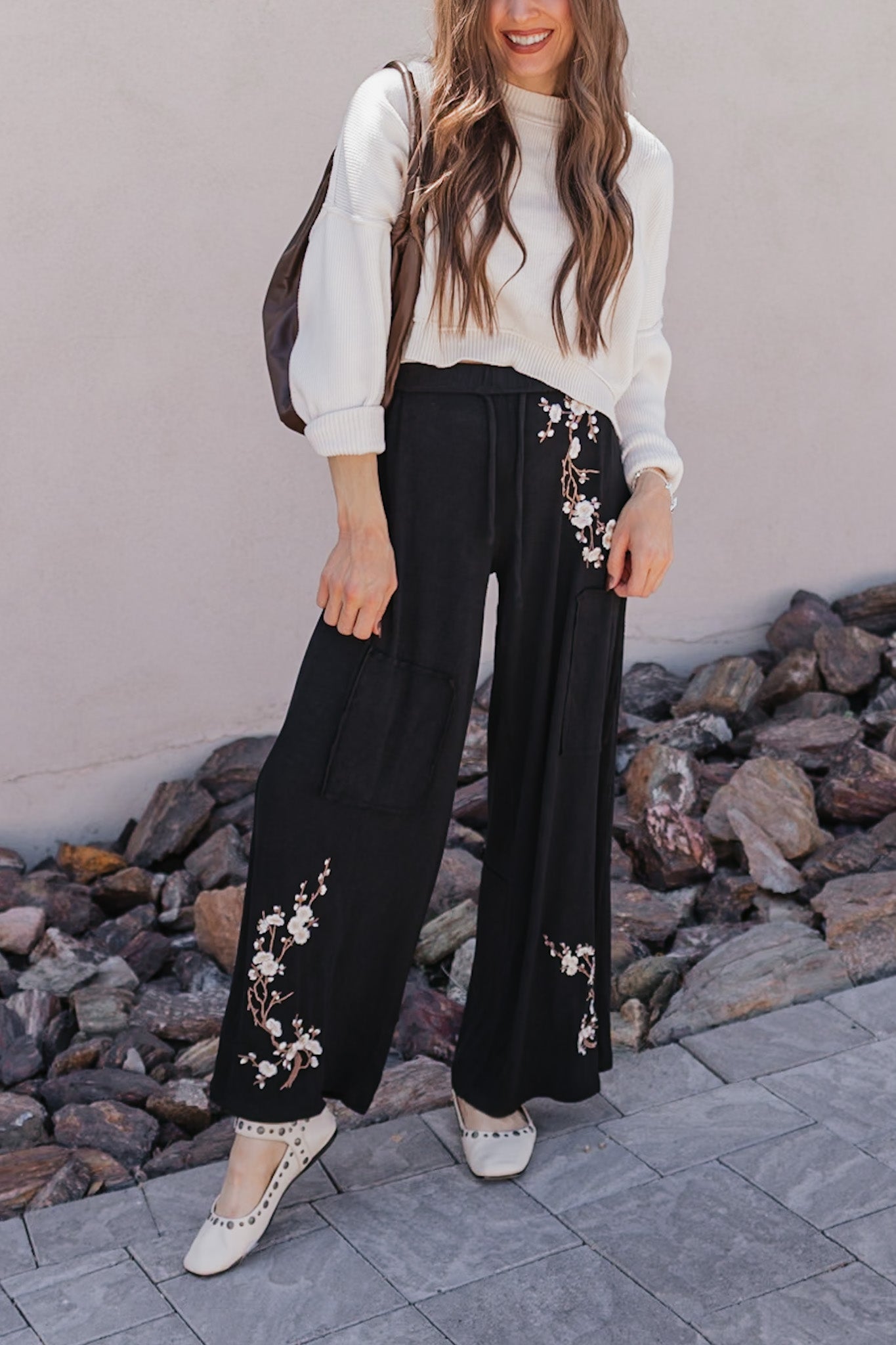 Embroidered Floral Casual Knit Pants-Pants-Krush Kandy, Women's Online Fashion Boutique Located in Phoenix, Arizona (Scottsdale Area)