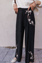 Embroidered Floral Casual Knit Pants-Pants-Krush Kandy, Women's Online Fashion Boutique Located in Phoenix, Arizona (Scottsdale Area)