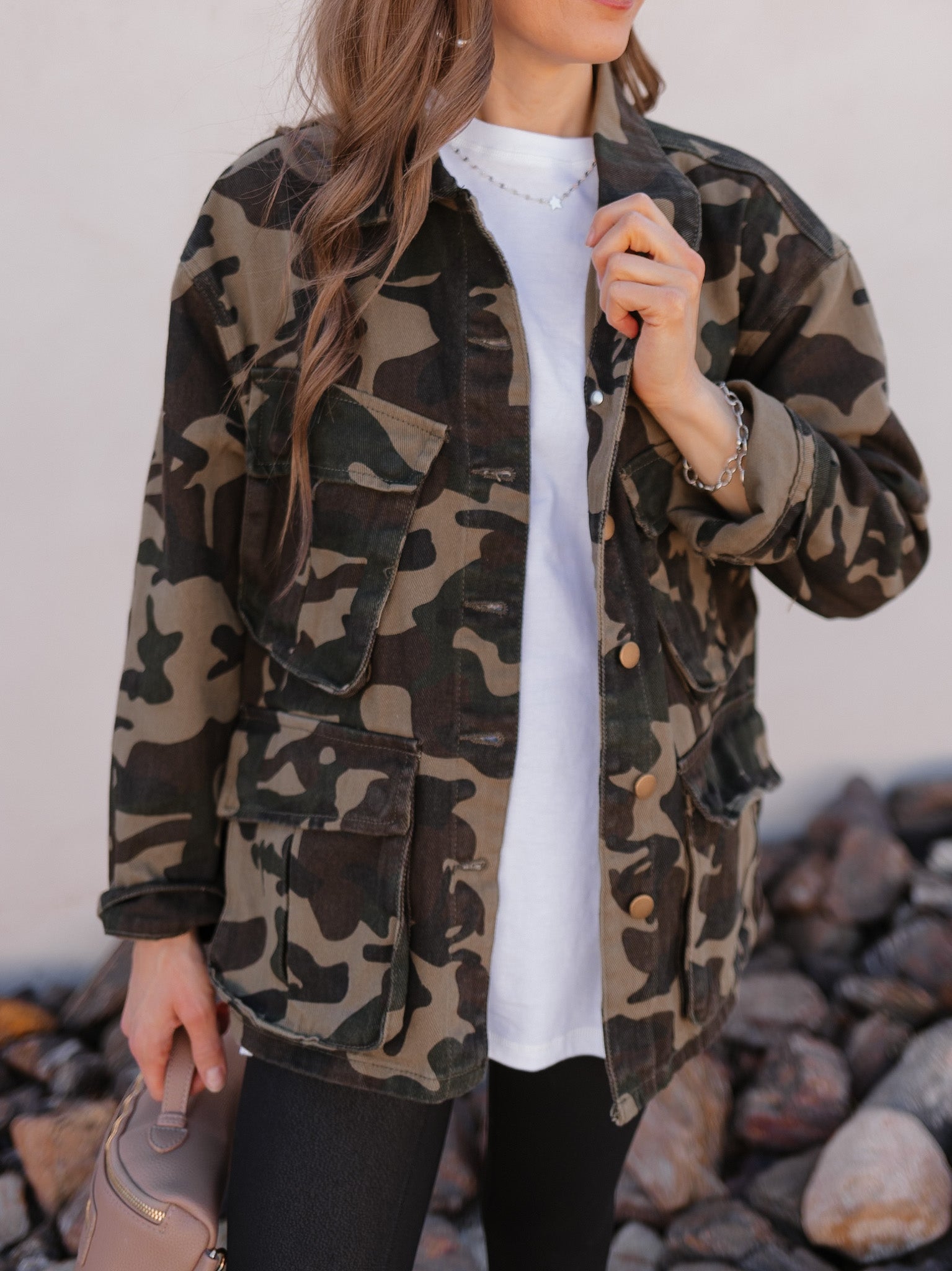 Outlands Oversized Camo Cargo Pocket Denim Jacket-Shackets-Krush Kandy, Women's Online Fashion Boutique Located in Phoenix, Arizona (Scottsdale Area)