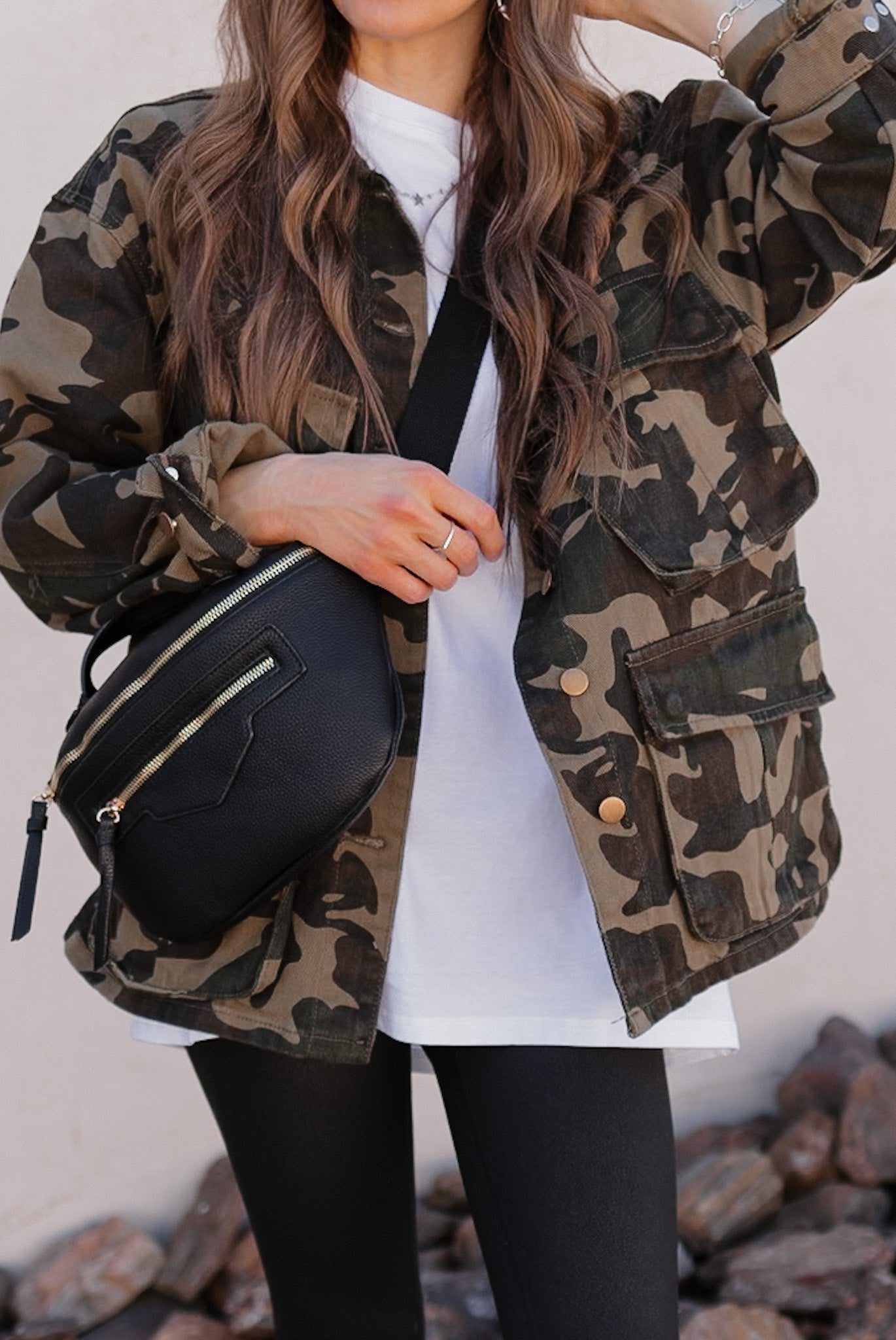 Outlands Oversized Camo Cargo Pocket Denim Jacket-Shackets-Krush Kandy, Women's Online Fashion Boutique Located in Phoenix, Arizona (Scottsdale Area)