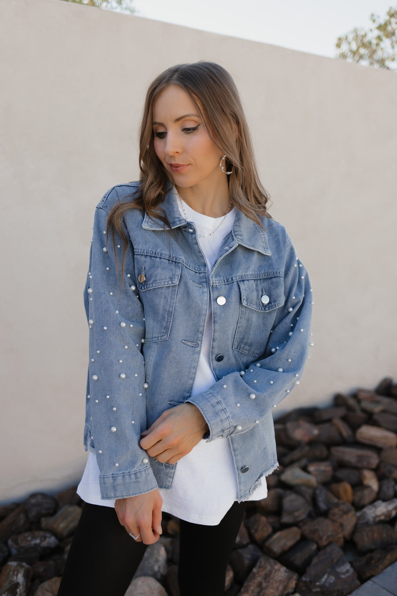 Pearly Girly Peal Denim Jacket-Jackets-Krush Kandy, Women's Online Fashion Boutique Located in Phoenix, Arizona (Scottsdale Area)