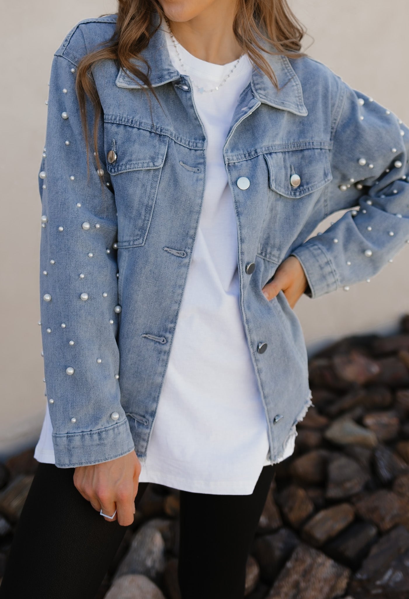 Pearly Girly Peal Denim Jacket-Jackets-Krush Kandy, Women's Online Fashion Boutique Located in Phoenix, Arizona (Scottsdale Area)