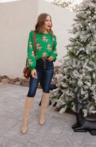 Green Sweater with Reindeer Pattern-Sweaters-Krush Kandy, Women's Online Fashion Boutique Located in Phoenix, Arizona (Scottsdale Area)