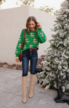 Green Sweater with Reindeer Pattern-Sweaters-Krush Kandy, Women's Online Fashion Boutique Located in Phoenix, Arizona (Scottsdale Area)