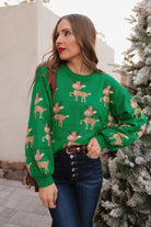 Green Sweater with Reindeer Pattern-Sweaters-Krush Kandy, Women's Online Fashion Boutique Located in Phoenix, Arizona (Scottsdale Area)